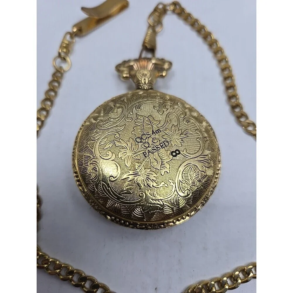 Details Gold Tone Bass Fish Pocket Watch Quartz Japan Movement New Battery Chain